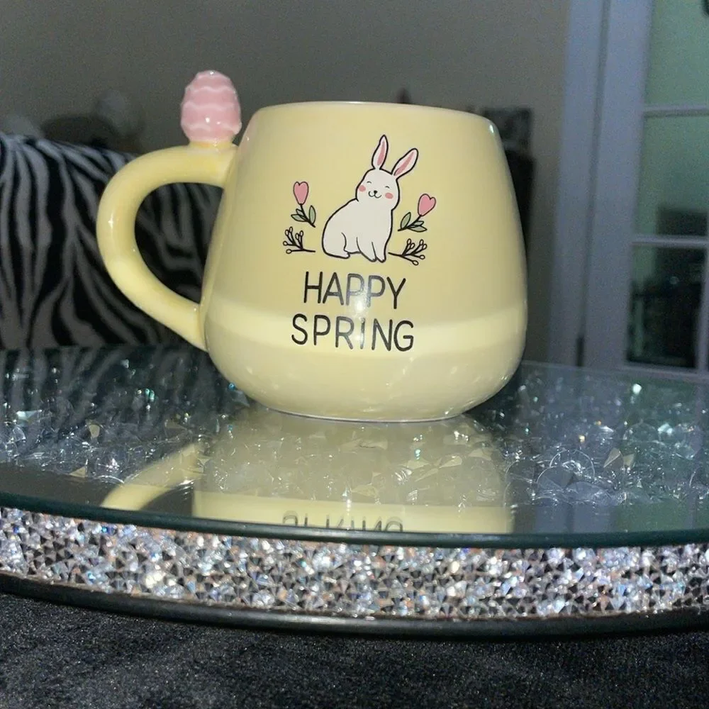 Eccolo happy spring Easter bunny rabbit pastel yellow mug with Easter egg